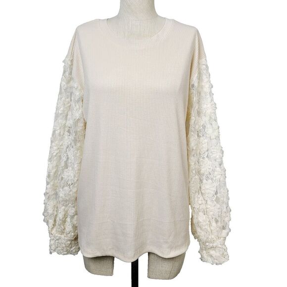 NEW Grace & Emma Top M Cream Ribbed Knit Lace Sleeve Pullover Relaxed Fit Blouse - Picture 1 of 12